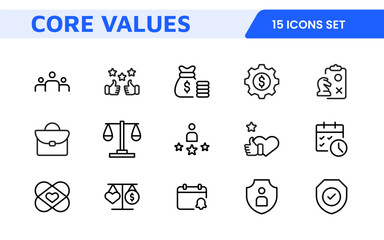 Core Values outline icons set. Core, values, business, leadership, goals, target, client, quality, success, responsibility and quality.