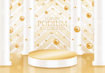 Empty luxury podium with columns on background of falling golden spheres and confetti. Vector illustration for product demonstration or award ceremony