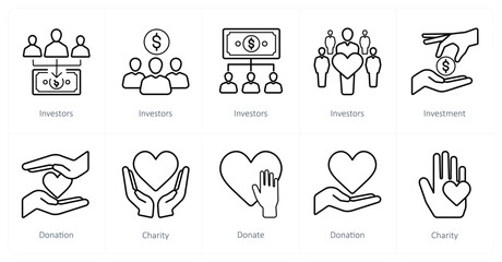 A set of 10 crowdfunding icons as investors, investment, donation