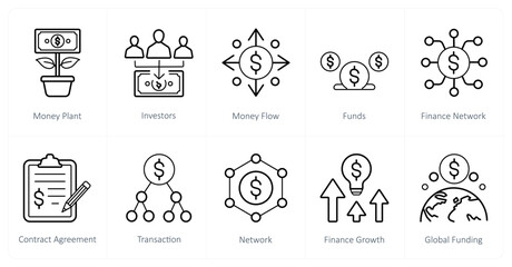 A set of 10 crowdfunding icons as money plant, investors, money flow