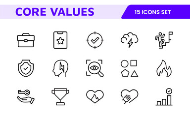 Core Values outline icons set. Core, values, business, leadership, goals, target, client, quality, success, responsibility and quality.