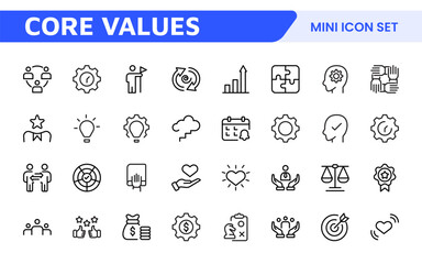 Core Values outline icons set. Core, values, business, leadership, goals, target, client, quality, success, responsibility and quality.