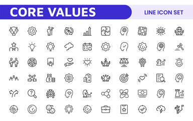 Core Values outline icons set. Core, values, business, leadership, goals, target, client, quality, success, responsibility and quality.