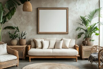 Living room interior with mock up poster frame, beige sofa, wooden consola, rattan sideboard, plants in flowerpots, glass vase with leaves and personal accessories. Home decor, Generative AI
