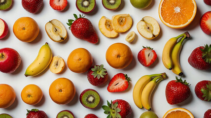 A colorful assortment of fresh fruits, including strawberries, oranges, bananas, and apples, laid out against a clean, white background.