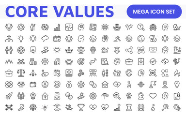 Core Values outline icons set. Core, values, business, leadership, goals, target, client, quality, success, responsibility and quality.