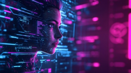 Fototapeta premium Woman's Face Overlaid with Neon Blue and Pink Circuitry
