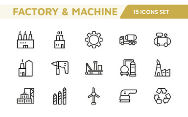 Factory and Machine Icons Collection. A Versatile Set for Industrial Design, Production Workflows, Machinery, Factory Management, and Engineering Solutions.