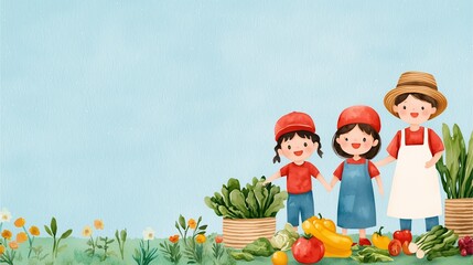 Three cheerful kids stand in a garden, surrounded by colorful vegetables and flowers, celebrating a bountiful harvest in a sunny, blue sky.