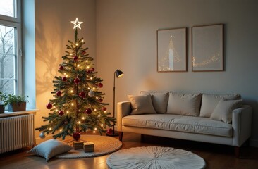 Interior of living room with Christmas tree, sofa and armchair