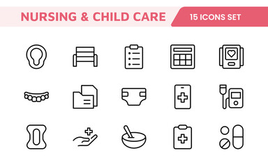 Nursing Home & Child Care Icon Set. Compassionate icons for elder care, child safety, and support services, perfect for healthcare apps, brochures, and care center branding.