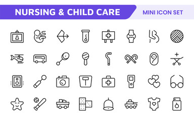 Nursing Home & Child Care Icon Set. Compassionate icons for elder care, child safety, and support services, perfect for healthcare apps, brochures, and care center branding.