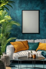 Interior desgin of modern living room interior with mock up poster frame, colorful decorations and accessories, plants, sofa, coffee table. Blue wall, Generative AI