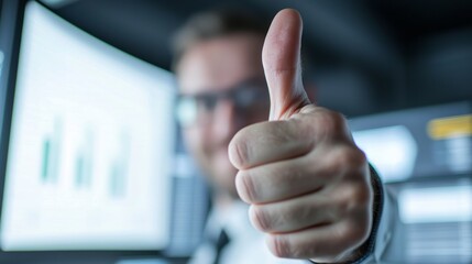 Successful Software Analyst in Tech Office Giving Thumbs Up Surrounded by Data Analytics and Project Management Screens