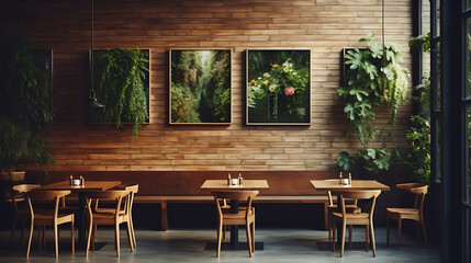 cozy restaurant interior featuring wooden furniture and lush plants