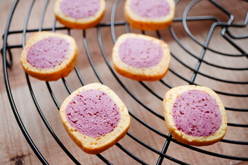 10歳の子供と自宅で焼いた手作りのクッキー。紫芋味のアイスボックスクッキー