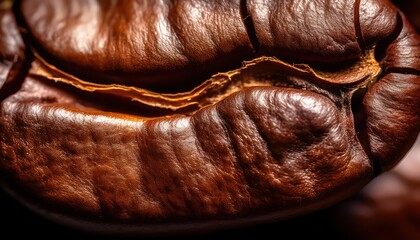 Extreme Close-Up of a Glossy, Richly Textured Coffee Bean Highlighting its Detailed Surface and Deep Brown Color, Ideal for Coffee Branding, Specialty Roasts, or Caffeine Related Marketing Concepts