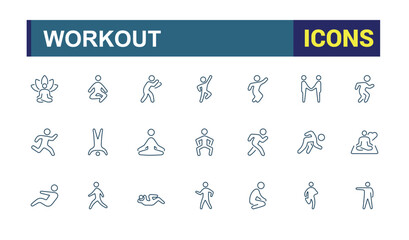 Physical exercise line icons related to workout, wellness, wellbeing, health, Activity, Sauna. Outline icon collection. Editable stroke. Vector illustration