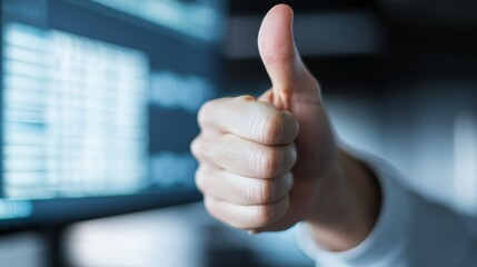 Success in Data Analysis: Happy Analyst Giving Thumbs Up Amid Data Visualizations in Modern Office