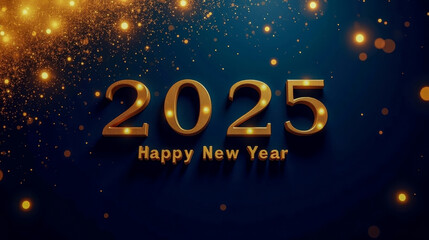Christmas greeting card with golden numbers '2025' surrounded by New Year's decorations against a dark blue background.