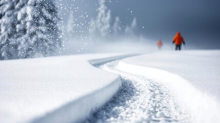 A snowy landscape with two figures in bright orange jackets walking along a snow-covered path, surrounded by trees under a cloudy sky.