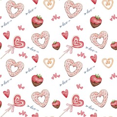 Seamless pattern with watercolor donuts, candies, cookies in the shape of heart, with strawberry in chocolate, arrows with the word “love” and small hearts on a white background, for textile, wrapping