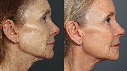 Before-and-after photos of a facelift, highlighting increased jawline definition and fuller cheeks, showing the subtle but noticeable improvements in facial structure