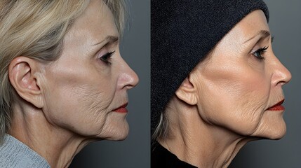 Close-up portrait of facelift results, showing increased jawline definition and plumper cheeks in before-and-after images, Realistic, High-Detail, Bright Lighting