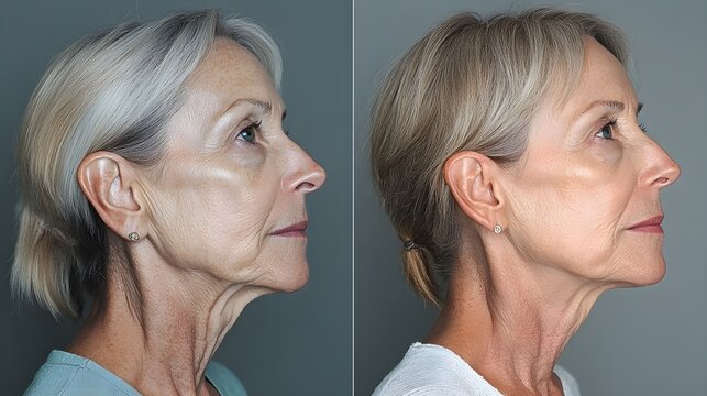 Success story highlighting the dramatic reduction of neck sagging and jowls after a facelift, featuring before-and-after images showing a tighter, more youthful appearance