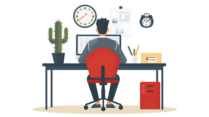 A businessman is seated in a red chair behind a desk in his office, which has a wall clock and a cactus. Character design isolated white in a vector flat illustration. businessperson using a computer