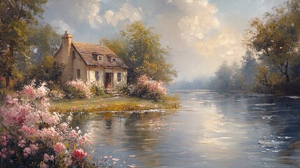 Obraz premium Oil painting on canvas summer landscape with wooden old house near river, beautiful flowers and trees. Nature landscape. Painting art