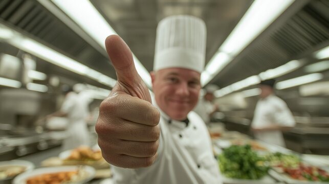 Proud Chef and Engaged Students in Culinary School Kitchen - Dynamic Cooking Scene with Thumbs Up Gesture