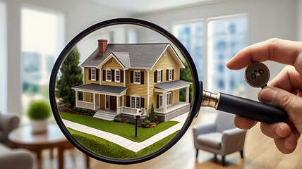 Real Estate House Appraisal And Inspection concept miniature house model magnifying glass professional analysis property evaluation house hunting concept