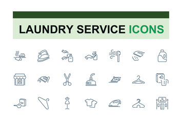 Laundry icons. Set of washing and cleaning minimal icon. Washing machine, dryer, clothes, detergent, fabric, dress. Vector illustration