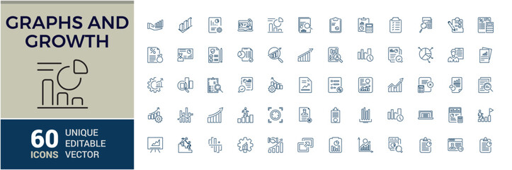 Graphs and Growth Analytics icons set. Diagrams, financial profits, progress. Vector illustration in modern thin line style of Chart icons.