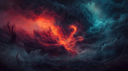 A colorful, swirling cloud of gas and dust with a red