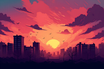 Fototapeta premium vibrant sunset over city skyline creates dramatic atmosphere