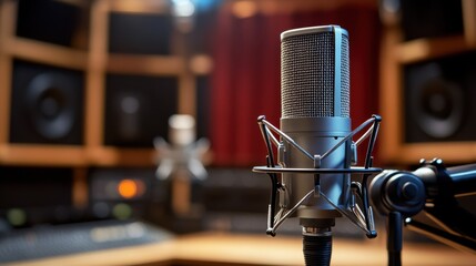 Close-up microphone in a recording studio setup.