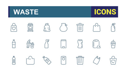 Waste and Recycling line icons. Set of garbage icon collection. Trash, used, bottle, bag, can, container and more. Waste recycling icon pack.