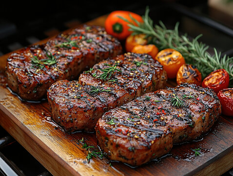 Grilled pork steak with a smoky crust, presented on a wooden board right off the BBQ, with roasted peppers and garlic on the side.