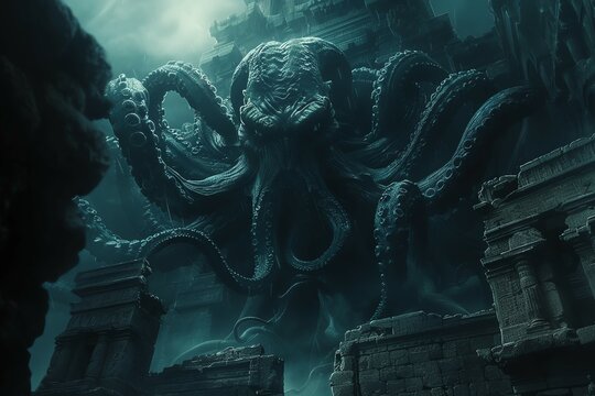 A towering monster with writhing tentacles emerging from a dark abyss close up, Lovecraftian horror, surreal, silhouette, ancient ruins backdrop