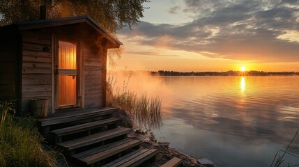 Obraz premium A small wooden sauna located by a serene lake, surrounded by nature.