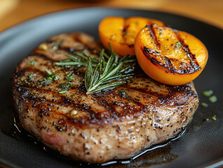 Grilled pork steak with grilled peaches and rosemary, plated on a dark, round ceramic plate, with a rustic wooden table and natural light coming through the window.