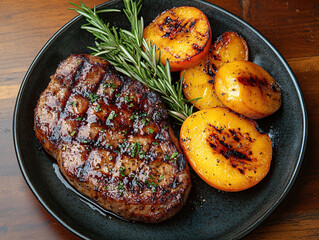 Grilled pork steak with grilled peaches and rosemary, plated on a dark, round ceramic plate, with a rustic wooden table and natural light coming through the window.