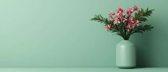 Fototapeta premium Vibrant flowers in a pastel green vase against a soft green background.