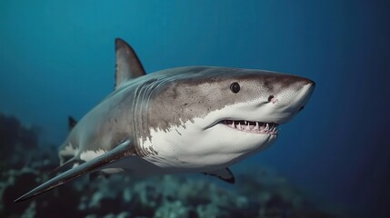 Fototapeta premium Great White Shark Closeup Underwater Photo Marine Life Ocean Predator Wildlife