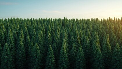 Naklejka premium Vibrant green coniferous forest under a blue sky at sunset, showcasing nature's beauty and tranquility.