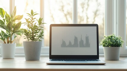 A serene workspace embracing nature and technology with lush plants and data insights for productivity