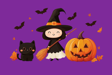 Cute cartoon witch with broom, black cat, pumpkin and bats on purple background. Halloween poster