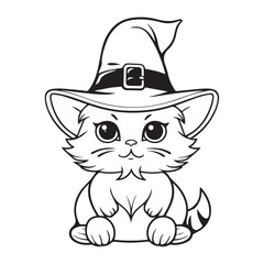 cute orange cat wearing witch hat pretty eyes halloween illustration tattoo style vector sticker line art for coloring design